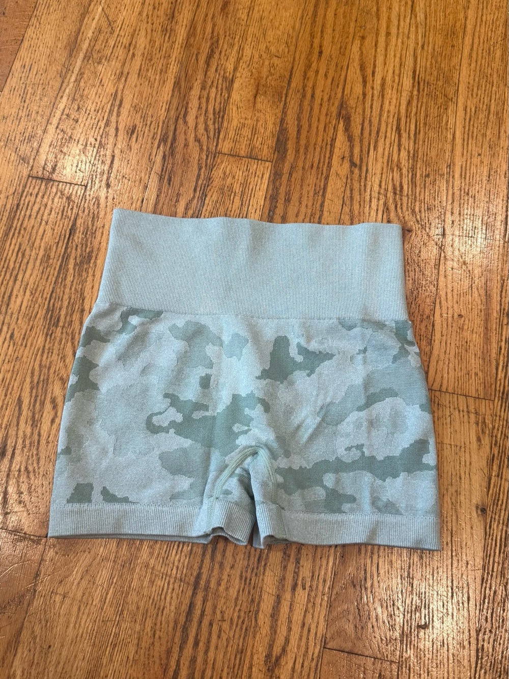 High-Waisted Light Green Camouflage Athletic Shorts